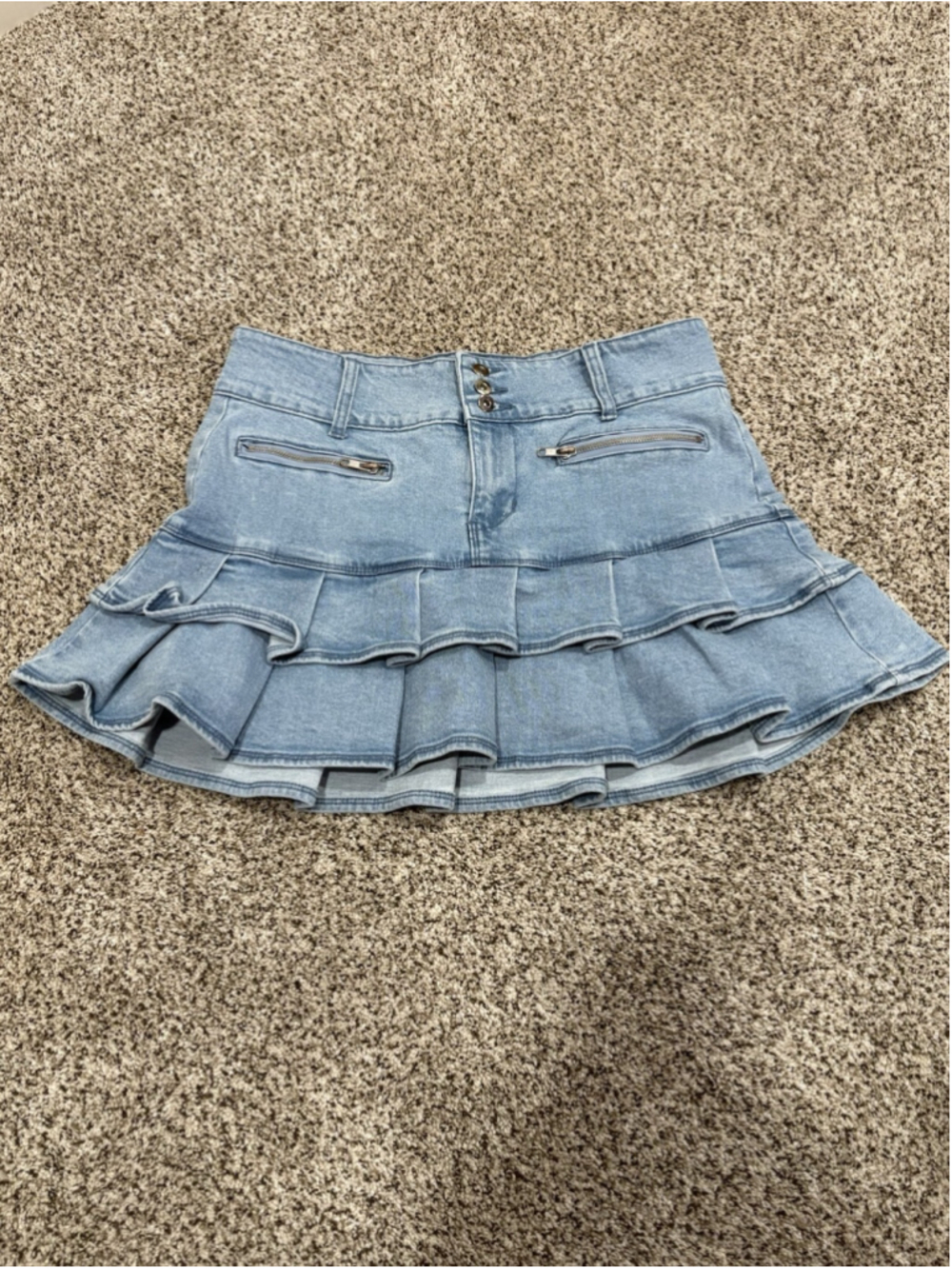 Social Collision Y2K Tiered Ruffle Denim Mini Skirt Womens Blue Low Rise